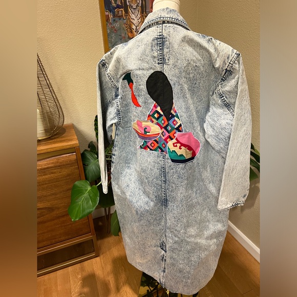 Vintage 80s Medium Acid Wash Denim Belma Button Trench Coat Jean Jacket Duster - Picture 7 of 10